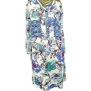 HOPE SPRINGS XL Tunic Oversized Sl Sheer Blue Floral Long Boho Hippie